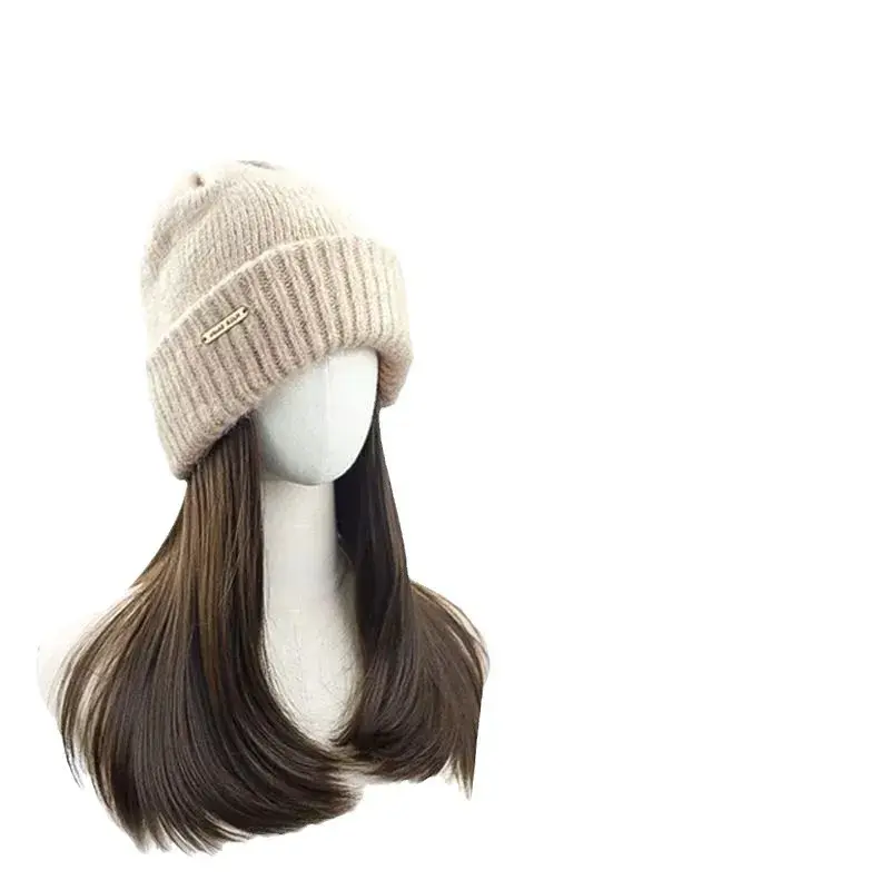 Women's Fashion Knitted Hat Wig Integrated Medium-Length Simulation Human Hair Versatile Wig Full-Head Cover Asian Fiber Hats