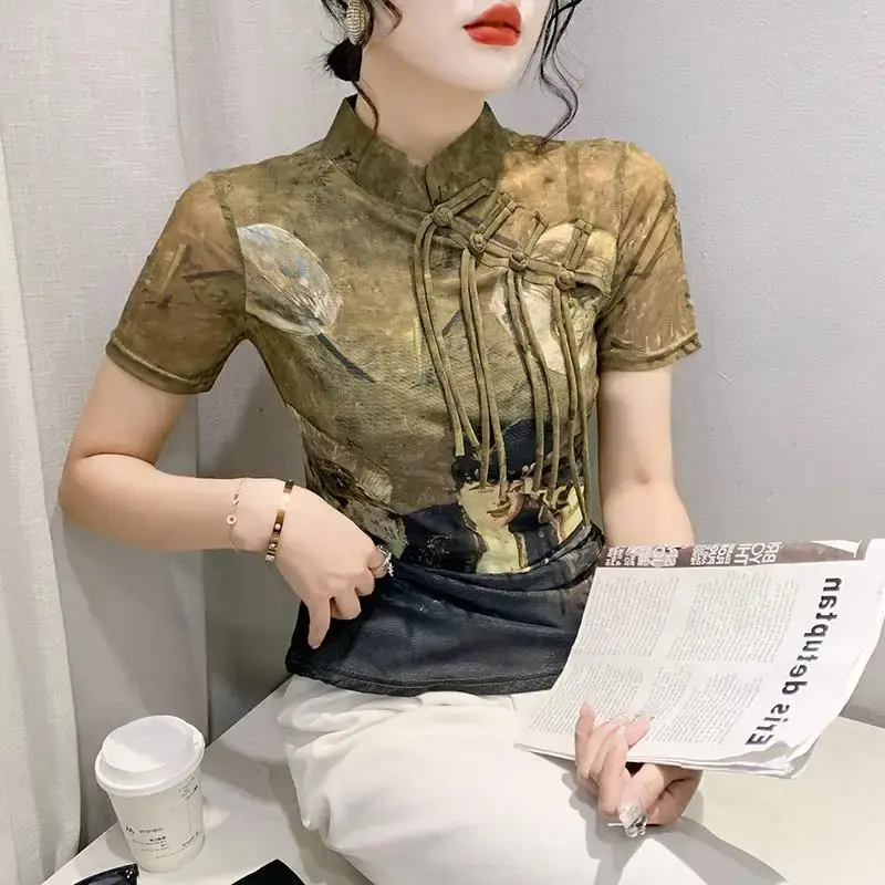 Trendy European Design Sensibility Women's T-Shirt Stand Collar Short Sleeves Printing Base Layer Top China Mainland Origin