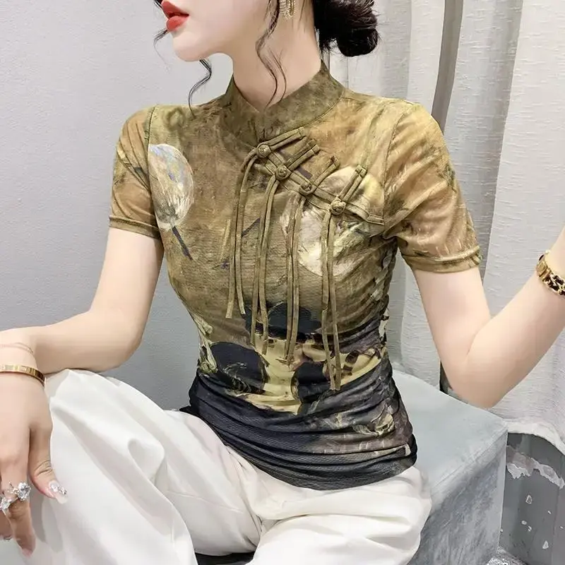 Trendy European Design Sensibility Women's T-Shirt Stand Collar Short Sleeves Printing Base Layer Top China Mainland Origin