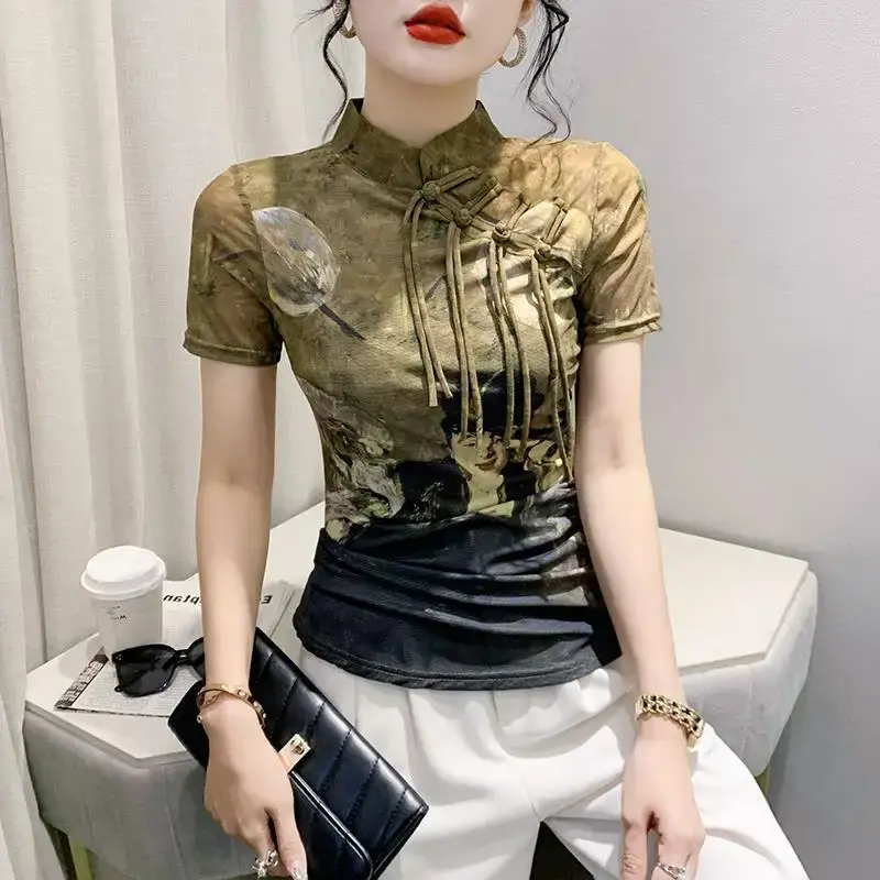 Trendy European Design Sensibility Women's T-Shirt Stand Collar Short Sleeves Printing Base Layer Top China Mainland Origin