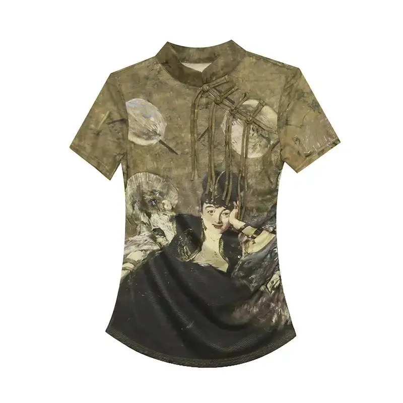 Trendy European Design Sensibility Women's T-Shirt Stand Collar Short Sleeves Printing Base Layer Top China Mainland Origin