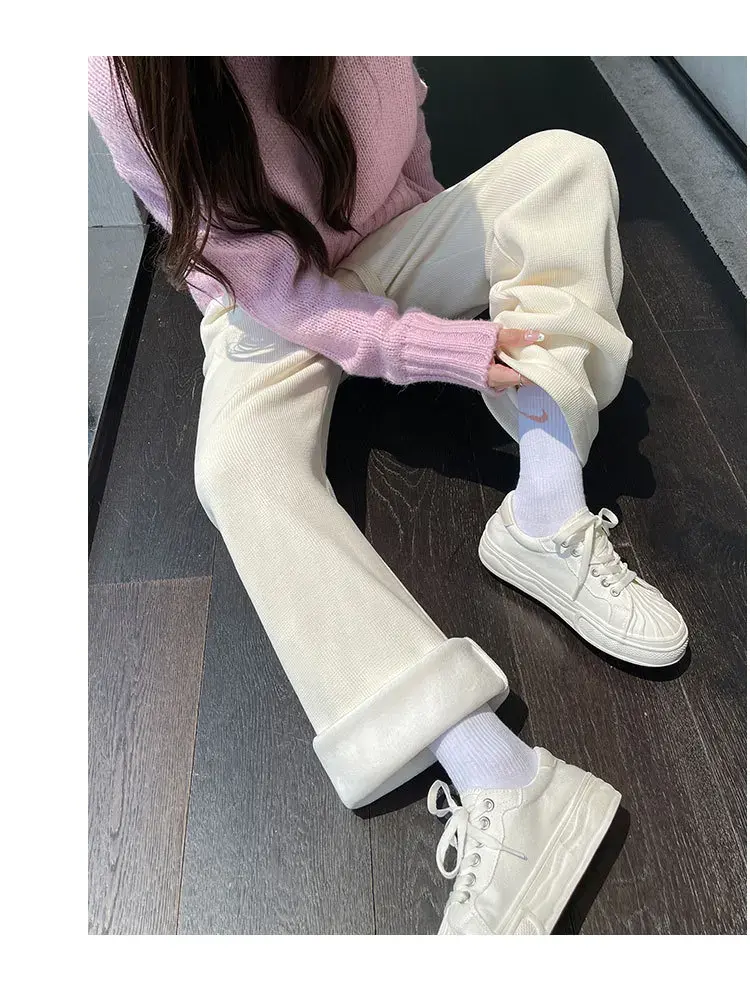 Autumn Winter New Style Fleece Lined Corduroy Pants Wide Leg Casual Straight Cut Women's Fashionable Comfortable Versatile Trous