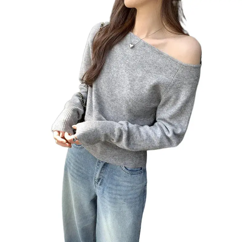 Soft Shoulder Bared One-Shoulder Knitted Sweater Women's Waist-Cinching Wool Blend Comfortable Fit Fashionable Autumn Winter