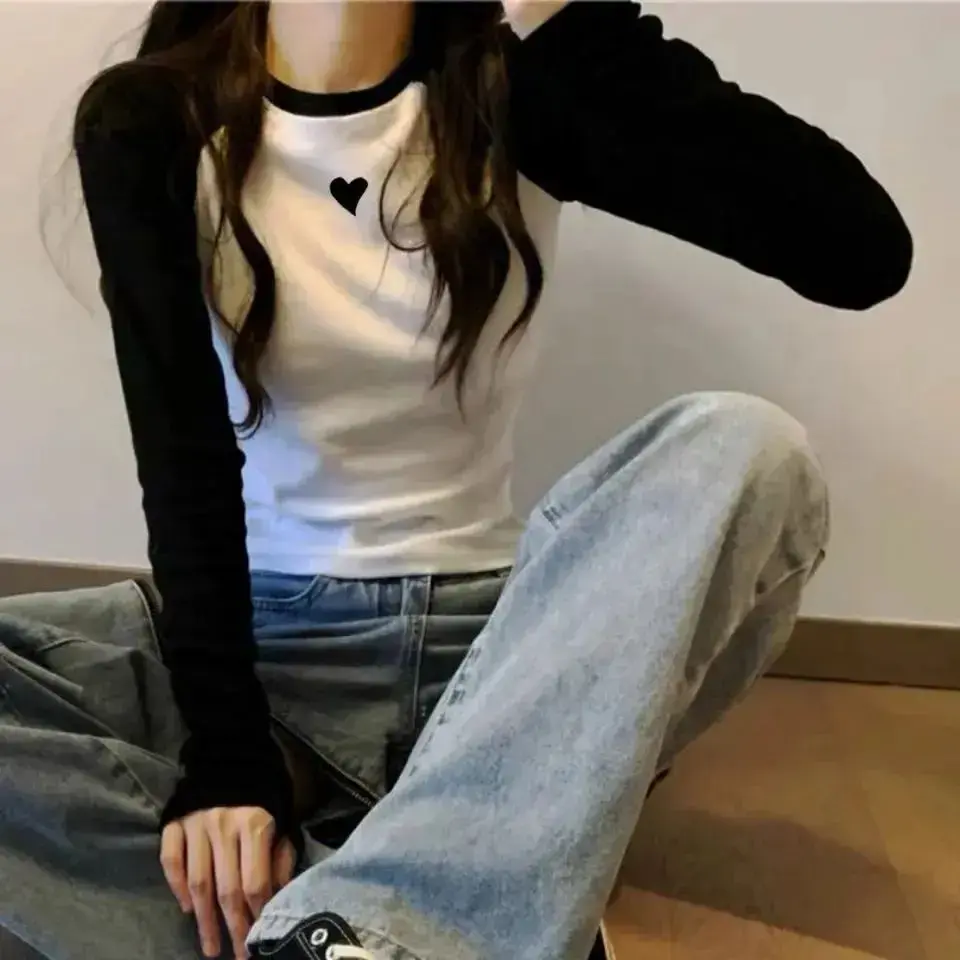 Color Blocking Slim Fit Long Sleeve T-Shirt Women's Korean Style Spring Autumn 2024 New Arrival Inner Cropped Heart Printing Bas