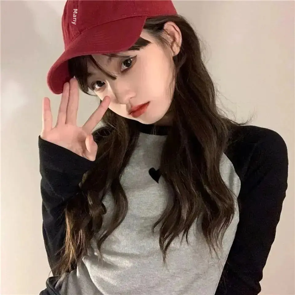 Color Blocking Slim Fit Long Sleeve T-Shirt Women's Korean Style Spring Autumn 2024 New Arrival Inner Cropped Heart Printing Bas
