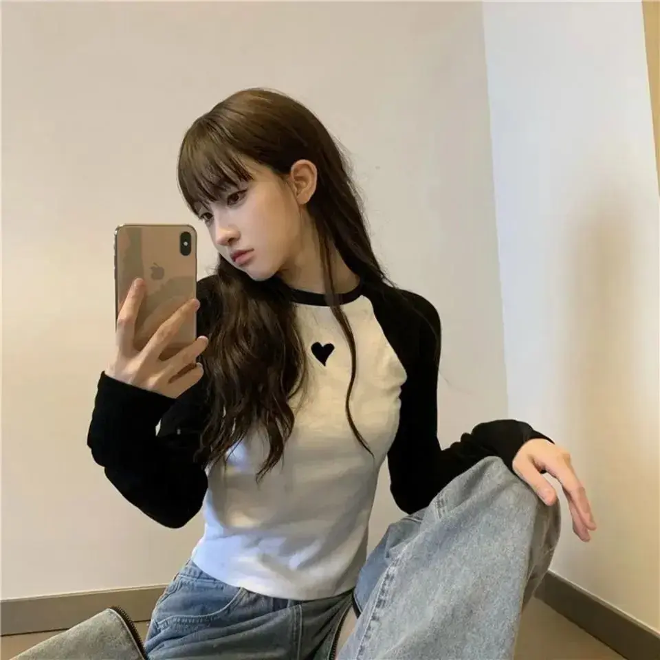 Color Blocking Slim Fit Long Sleeve T-Shirt Women's Korean Style Spring Autumn 2024 New Arrival Inner Cropped Heart Printing Bas