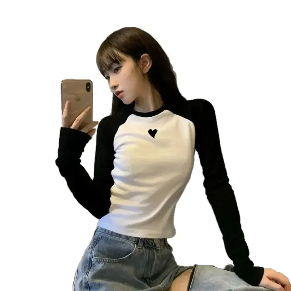 Color Blocking Slim Fit Long Sleeve T-Shirt Women's Korean Style Spring Autumn 2024 New Arrival Inner Cropped Heart Printing Bas