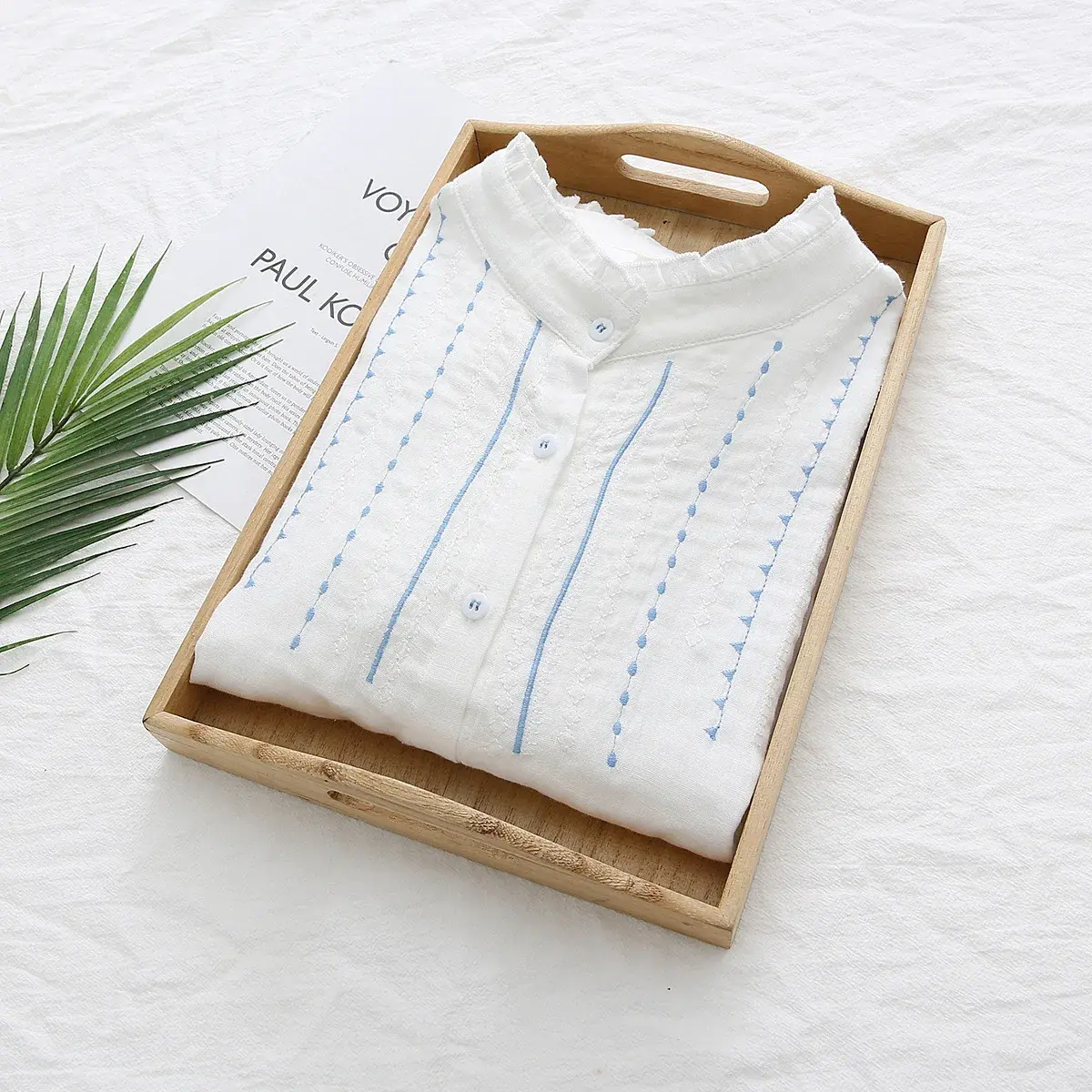 Autumn Collection New Women's Embroidery Shirt Loose Fit Long Sleeves Cotton Yarns Double Layer Wood Ear Collar Blouse S28348