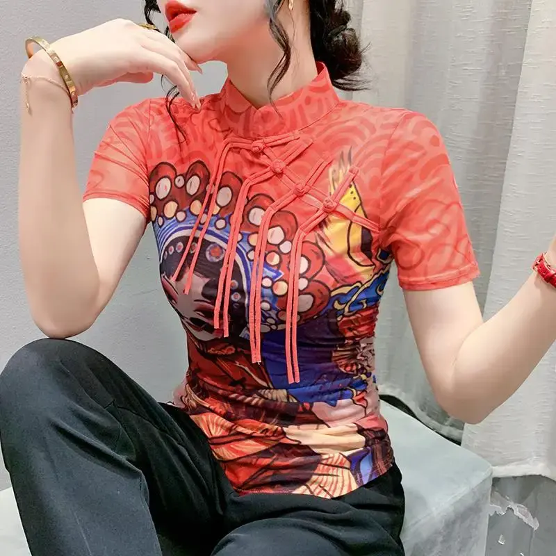 Trendy European Design Sensibility Women's T-Shirt Stand Collar Short Sleeves Printing Base Layer Top China Mainland Origin