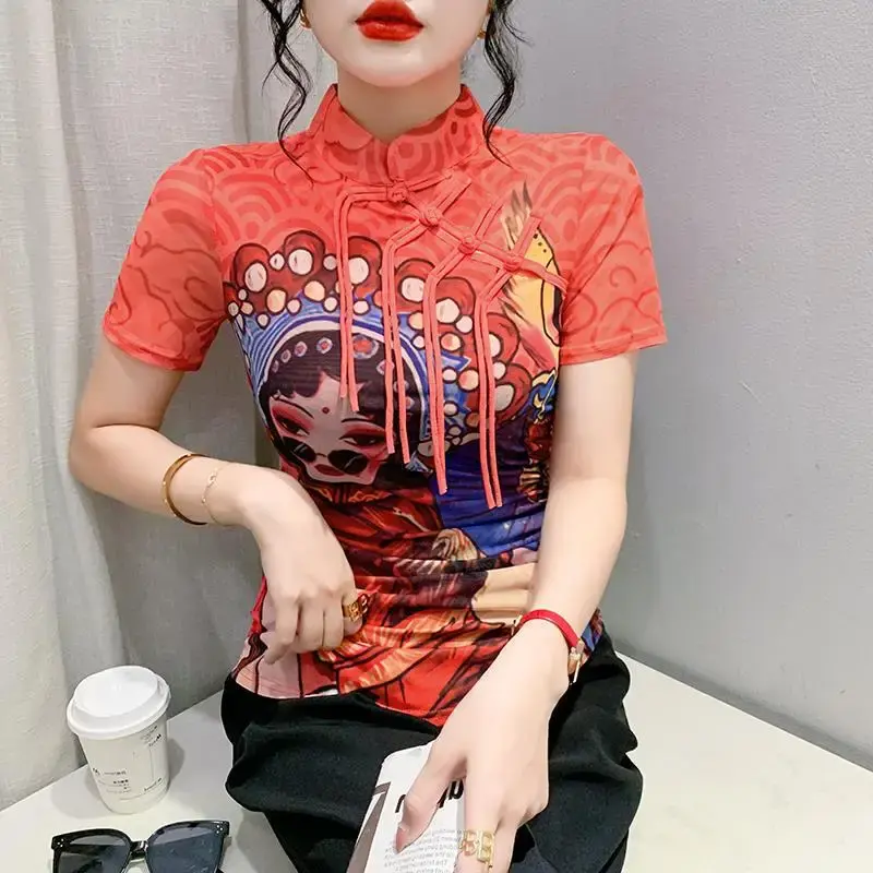 Trendy European Design Sensibility Women's T-Shirt Stand Collar Short Sleeves Printing Base Layer Top China Mainland Origin