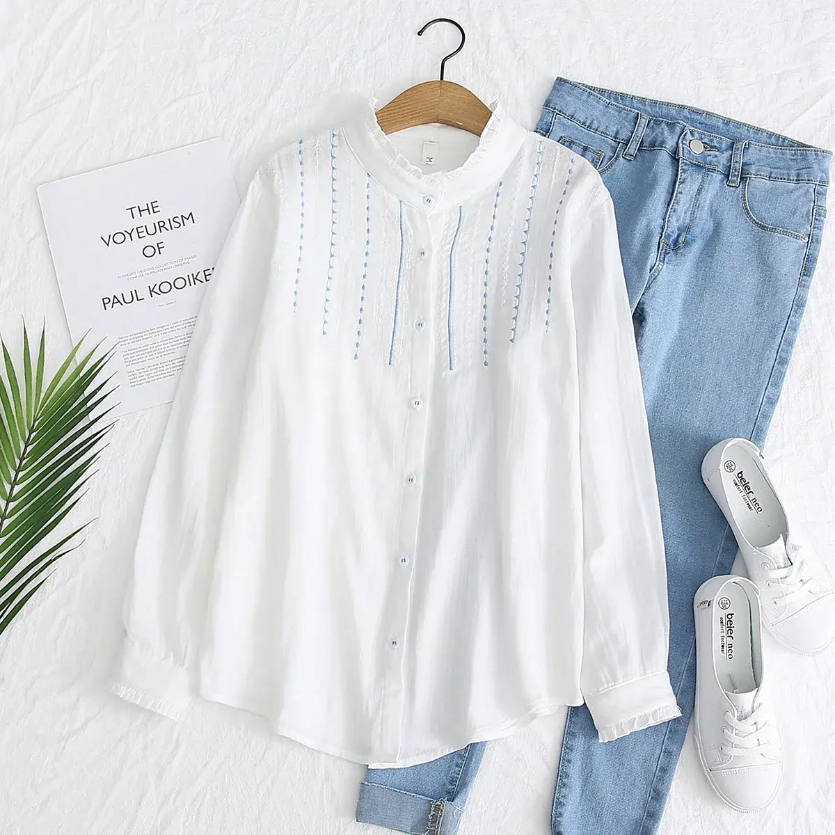 Autumn Collection New Women's Embroidery Shirt Loose Fit Long Sleeves Cotton Yarns Double Layer Wood Ear Collar Blouse S28348