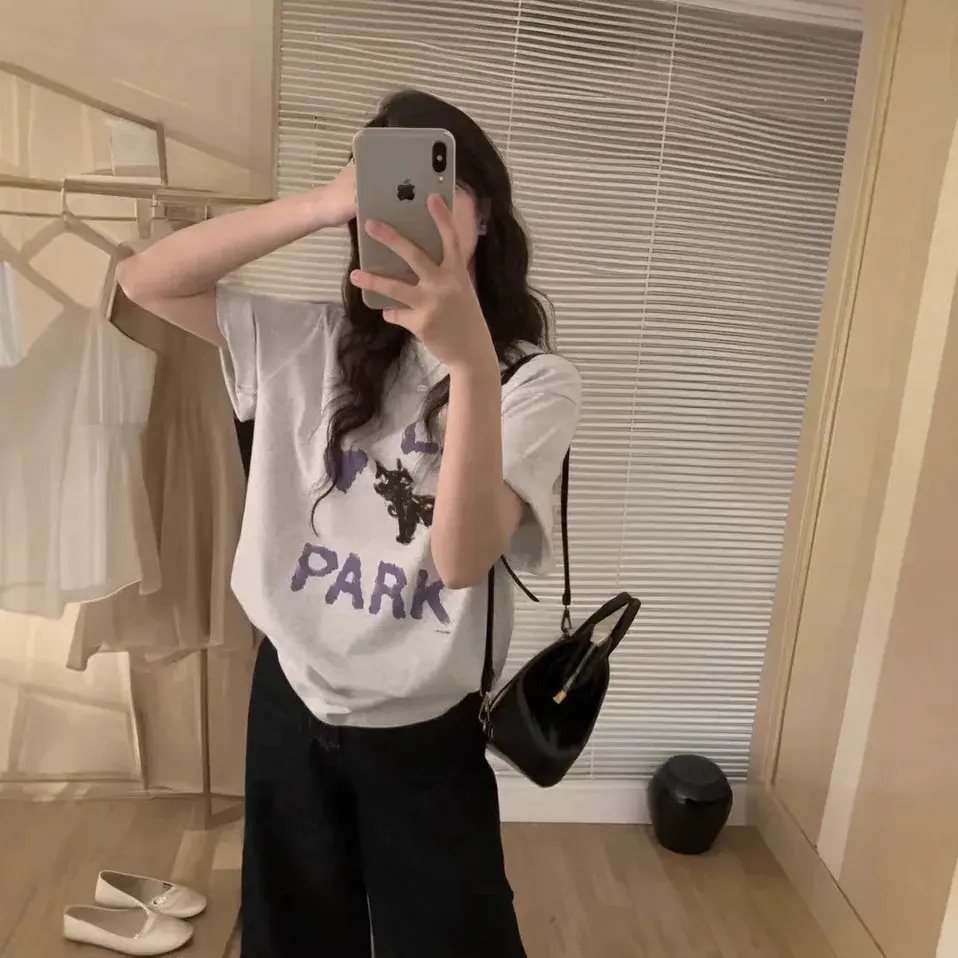 Korean Style Short Sleeve T-Shirt Dog Print Casual Top for Women Cotton Crew Neck Tee Fashionable Streetwear from China