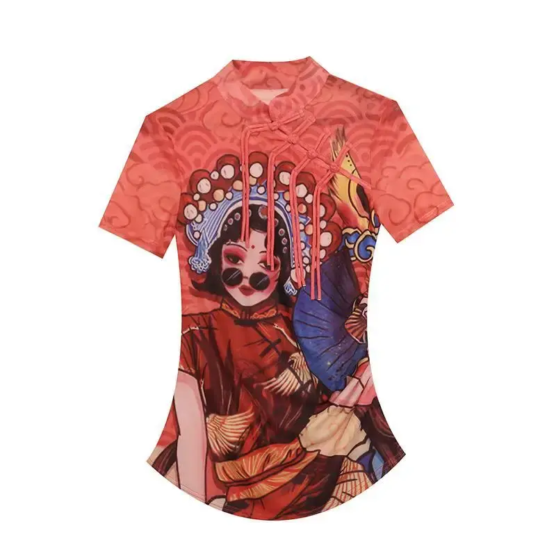 Trendy European Design Sensibility Women's T-Shirt Stand Collar Short Sleeves Printing Base Layer Top China Mainland Origin