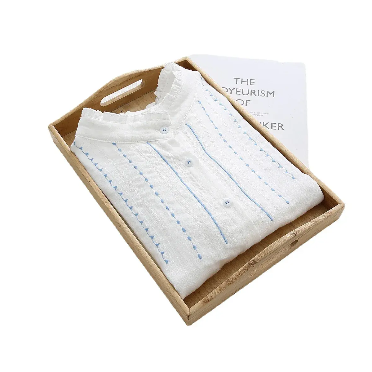 Autumn Collection New Women's Embroidery Shirt Loose Fit Long Sleeves Cotton Yarns Double Layer Wood Ear Collar Blouse S28348