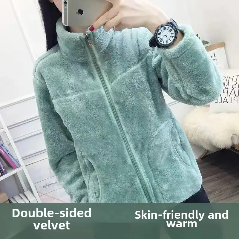 Women's Winter Thickened Double-sided Fleece Jacket Zipper Closure Warm Sweatshirt Cardigan Outerwear Trendy Ins Style