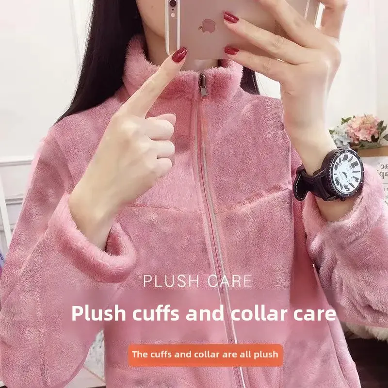 Women's Winter Thickened Double-sided Fleece Jacket Zipper Closure Warm Sweatshirt Cardigan Outerwear Trendy Ins Style