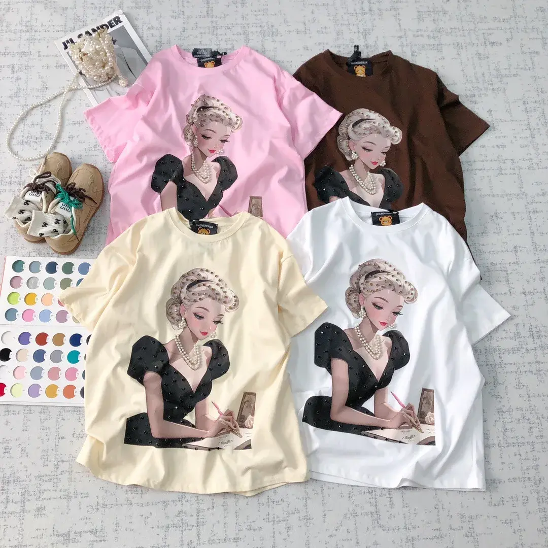 ShenShen Home Early Spring Korean Style Short Sleeve T-Shirt Heavy Embroidery Pure Cotton Double Gauze Slimming Fashionable