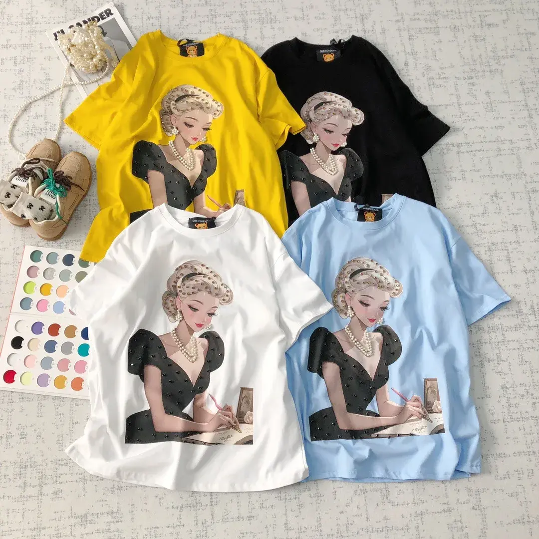 ShenShen Home Early Spring Korean Style Short Sleeve T-Shirt Heavy Embroidery Pure Cotton Double Gauze Slimming Fashionable