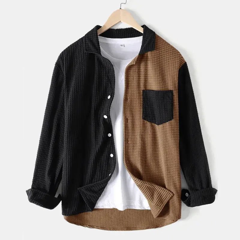 2024 New Fashion Street Style Corduroy Shirt Men's Loose Fit Single Breasted Lapel Long Sleeve Trendy Color Block Shirt