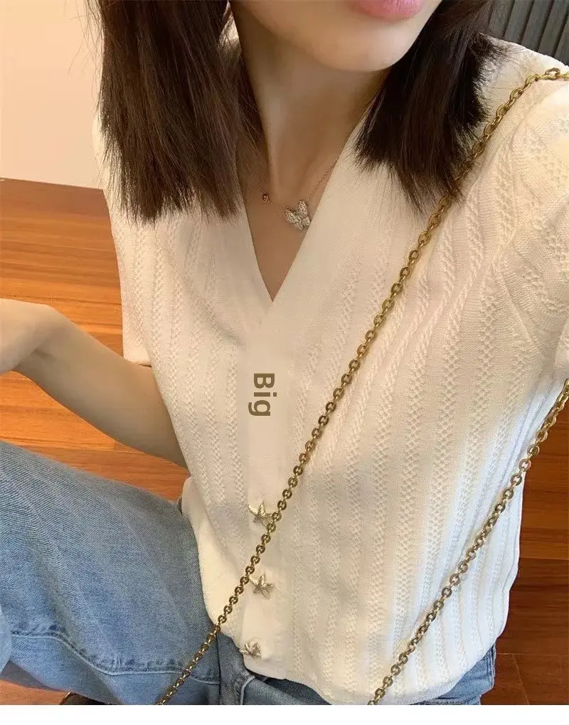 French Style Slim Fit V-Neck Short Sleeve Knitted Open Cardigan Women's Top Star Buckle Elastic Band Princess Sleeve Shirt