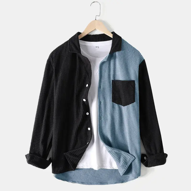 2024 New Fashion Street Style Corduroy Shirt Men's Loose Fit Single Breasted Lapel Long Sleeve Trendy Color Block Shirt