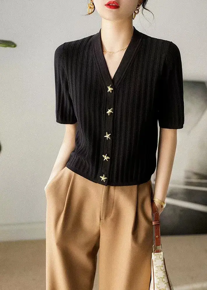 French Style Slim Fit V-Neck Short Sleeve Knitted Open Cardigan Women's Top Star Buckle Elastic Band Princess Sleeve Shirt