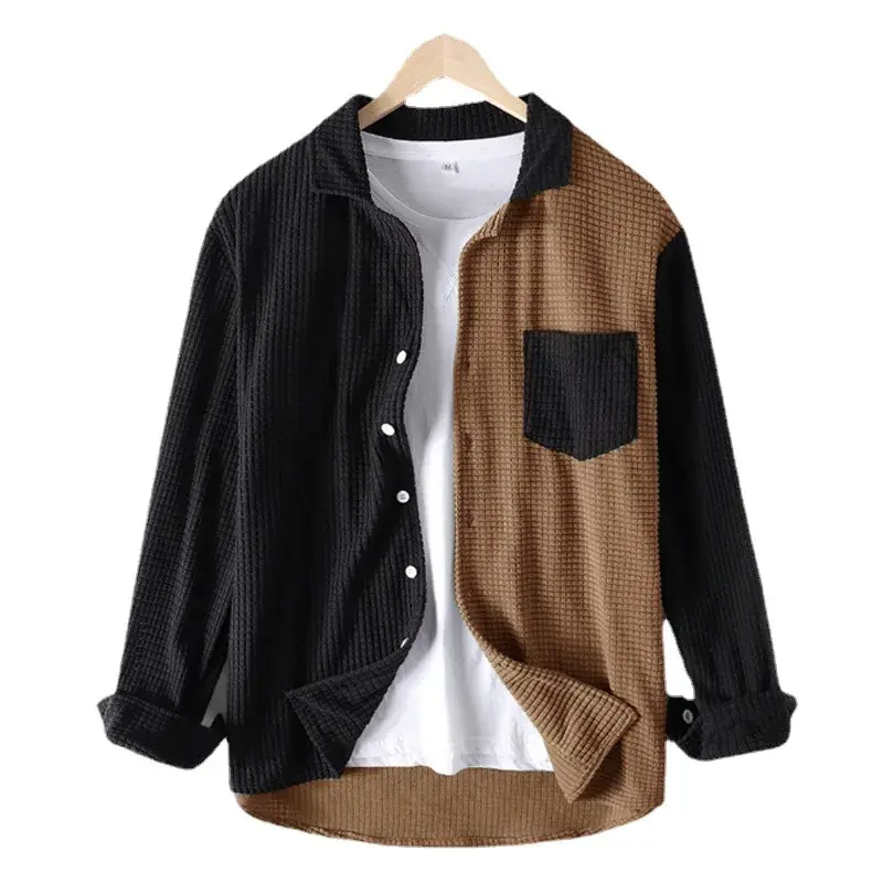 2024 New Fashion Street Style Corduroy Shirt Men's Loose Fit Single Breasted Lapel Long Sleeve Trendy Color Block Shirt