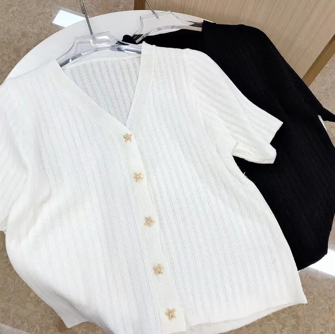 French Style Slim Fit V-Neck Short Sleeve Knitted Open Cardigan Women's Top Star Buckle Elastic Band Princess Sleeve Shirt