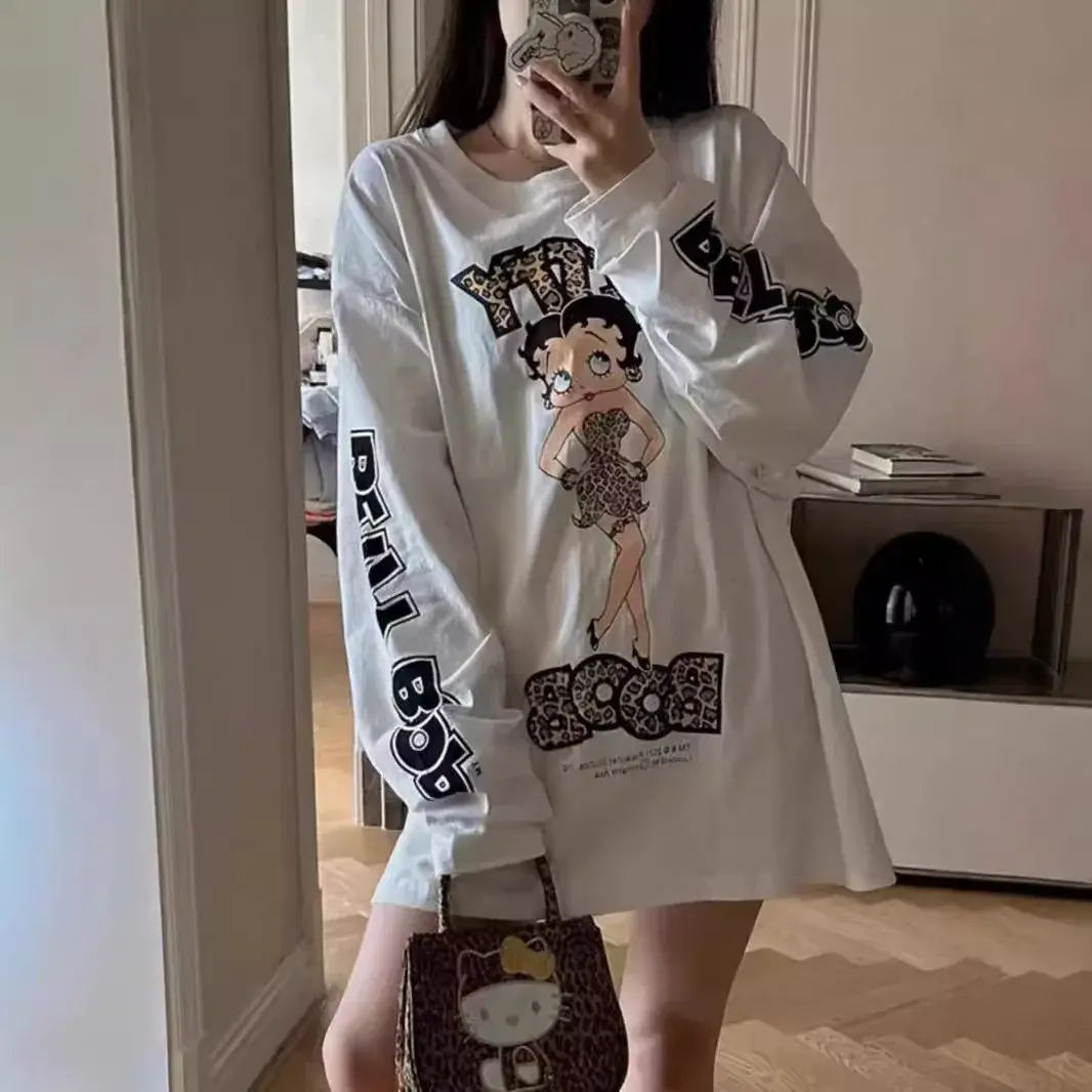 Early Autumn Leopard Print Long Sleeve Crew Neck T-Shirt Women Casual Loose Pure Cotton Top Cool Sweet Pattern Bat Design