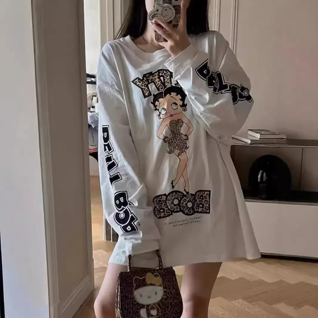 Early Autumn Leopard Print Long Sleeve Crew Neck T-Shirt Women Casual Loose Pure Cotton Top Cool Sweet Pattern Bat Design