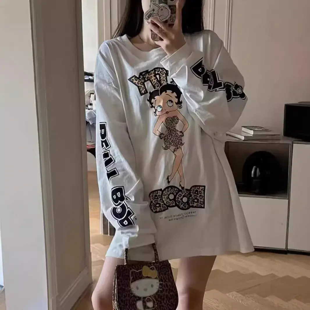Early Autumn Leopard Print Long Sleeve Crew Neck T-Shirt Women Casual Loose Pure Cotton Top Cool Sweet Pattern Bat Design