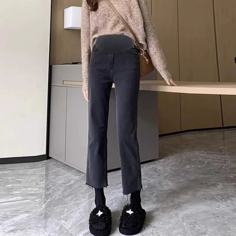 Maternity Jeans Spring Autumn High Elasticity Belly Support Fringe Pants Maternity Clothes For Pregnant Women