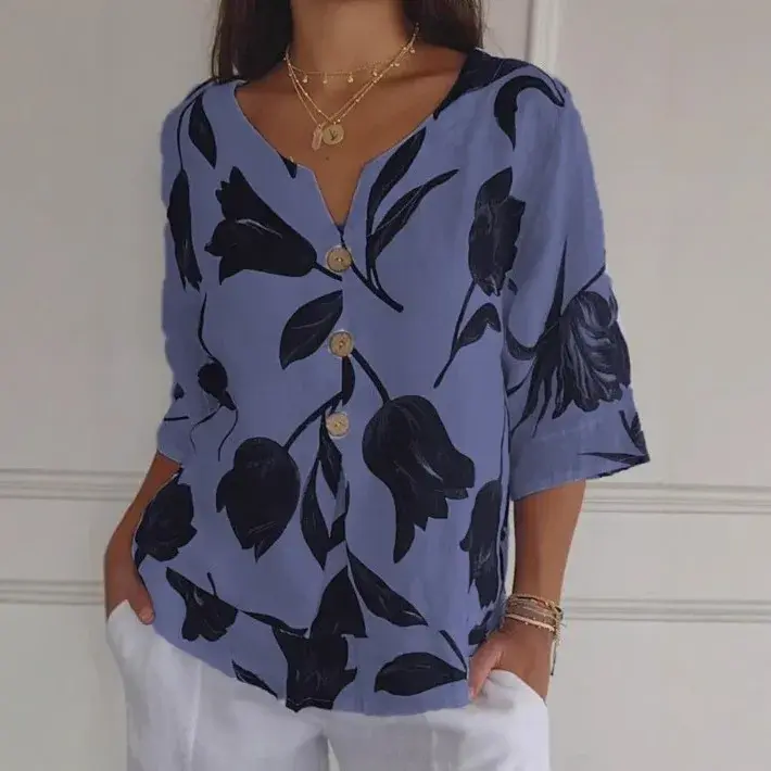 New Hot Sale Of The Season Cotton Linen Casual Print V-Neck Short Sleeve Overhead Shirt Women's Fashion Spring Summer T-Shirt Fl