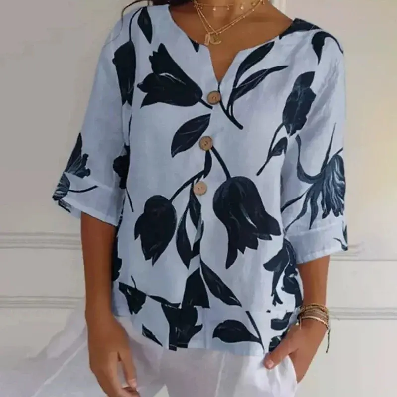 New Hot Sale Of The Season Cotton Linen Casual Print V-Neck Short Sleeve Overhead Shirt Women's Fashion Spring Summer T-Shirt Fl