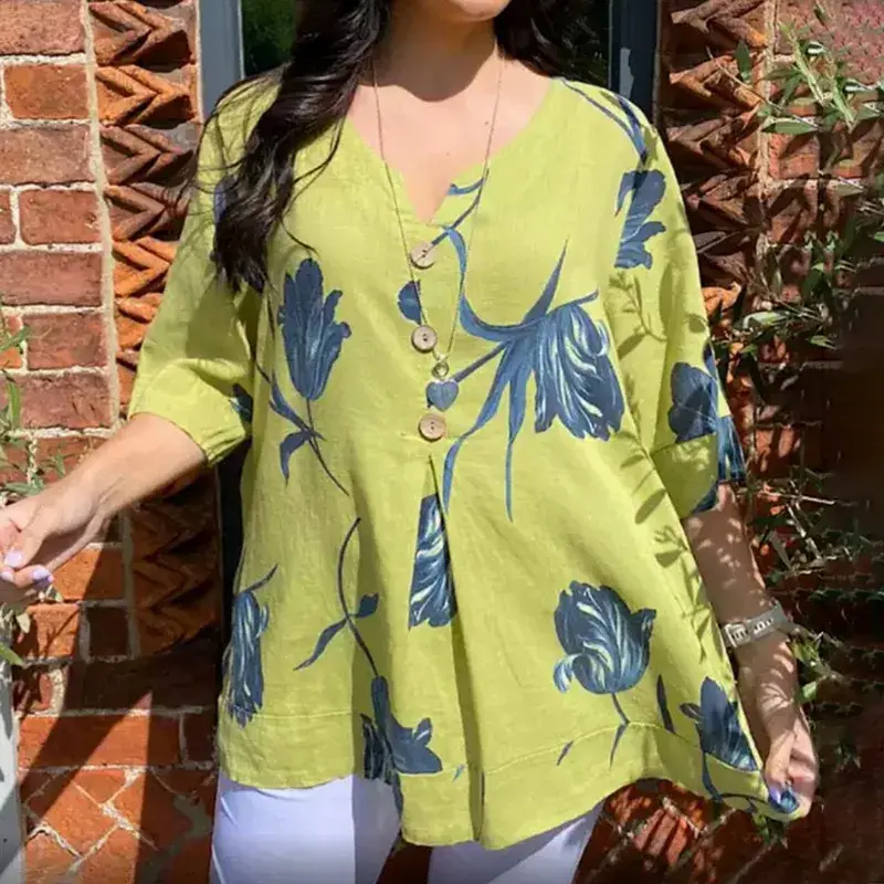 New Hot Sale Of The Season Cotton Linen Casual Print V-Neck Short Sleeve Overhead Shirt Women's Fashion Spring Summer T-Shirt Fl