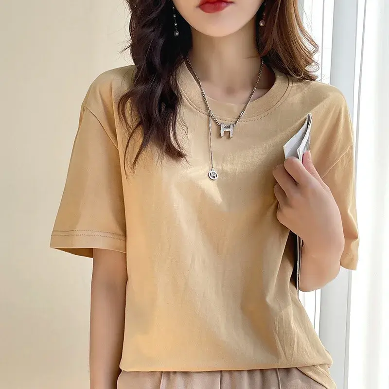 New Summer Cotton T-Shirt Women's Loose Casual round Neck Short Sleeve Pure Color Base Layer White Top Bottom Shirt