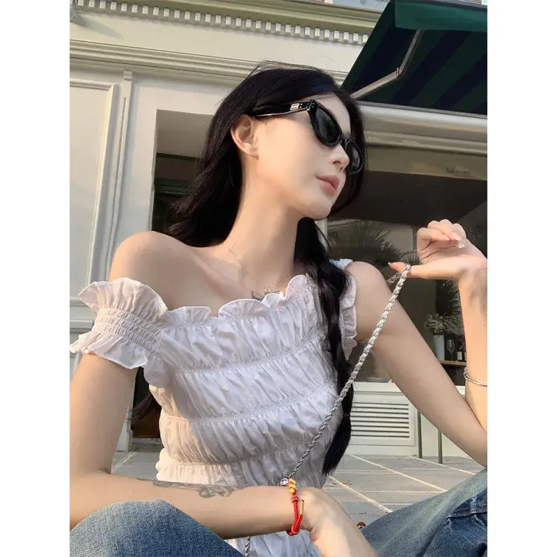 2025 Korean Chic Shoulder Bared Texture Short Sleeve T Shirt Uneven Hemline Slim Fit Regular Sleeve Length Chinese Origin
