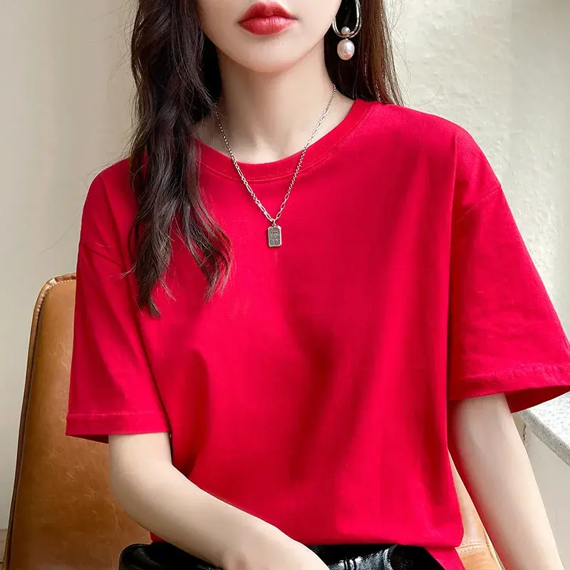 New Summer Cotton T-Shirt Women's Loose Casual round Neck Short Sleeve Pure Color Base Layer White Top Bottom Shirt