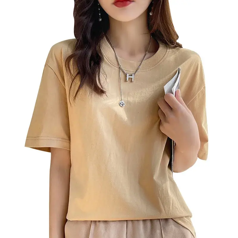 New Summer Cotton T-Shirt Women's Loose Casual round Neck Short Sleeve Pure Color Base Layer White Top Bottom Shirt