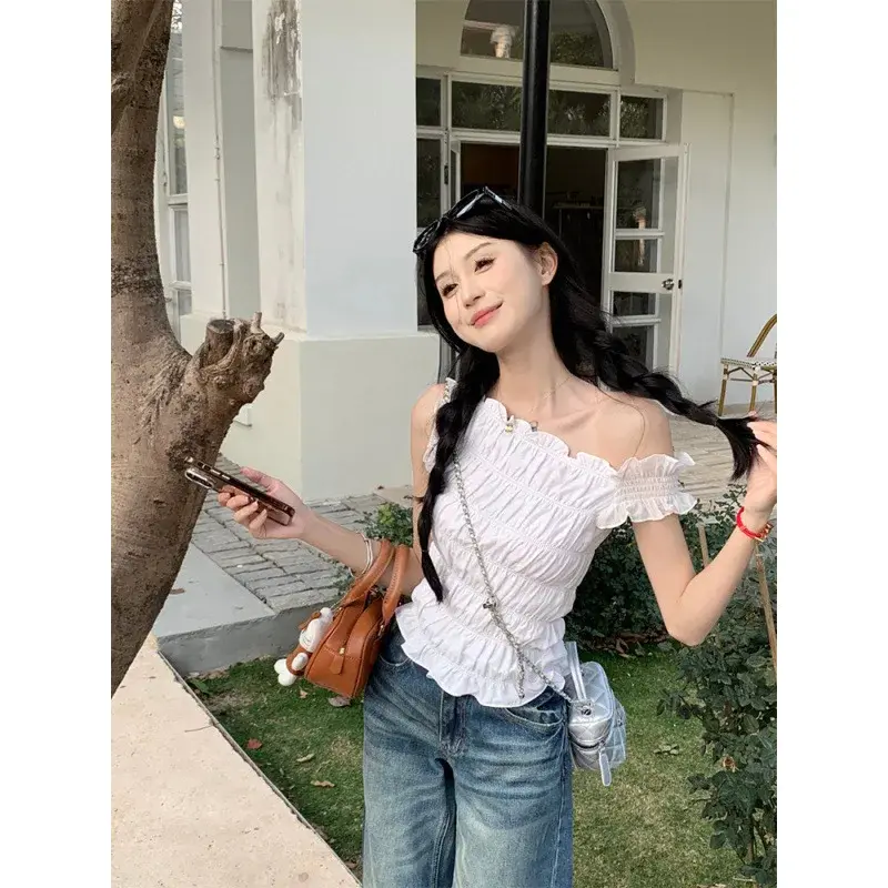 2025 Korean Chic Shoulder Bared Texture Short Sleeve T Shirt Uneven Hemline Slim Fit Regular Sleeve Length Chinese Origin