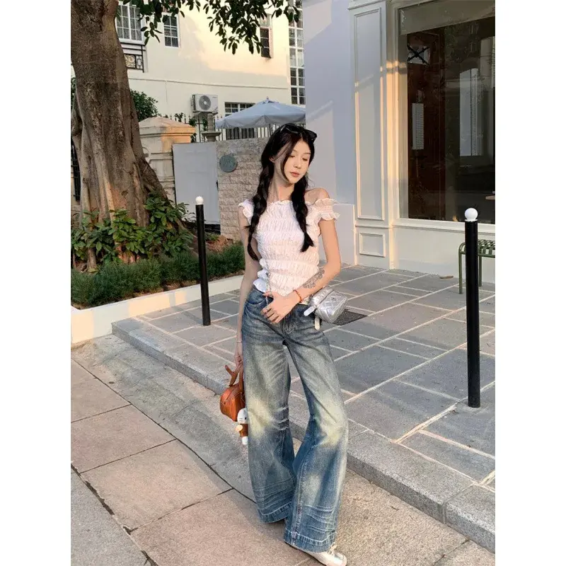 2025 Korean Chic Shoulder Bared Texture Short Sleeve T Shirt Uneven Hemline Slim Fit Regular Sleeve Length Chinese Origin