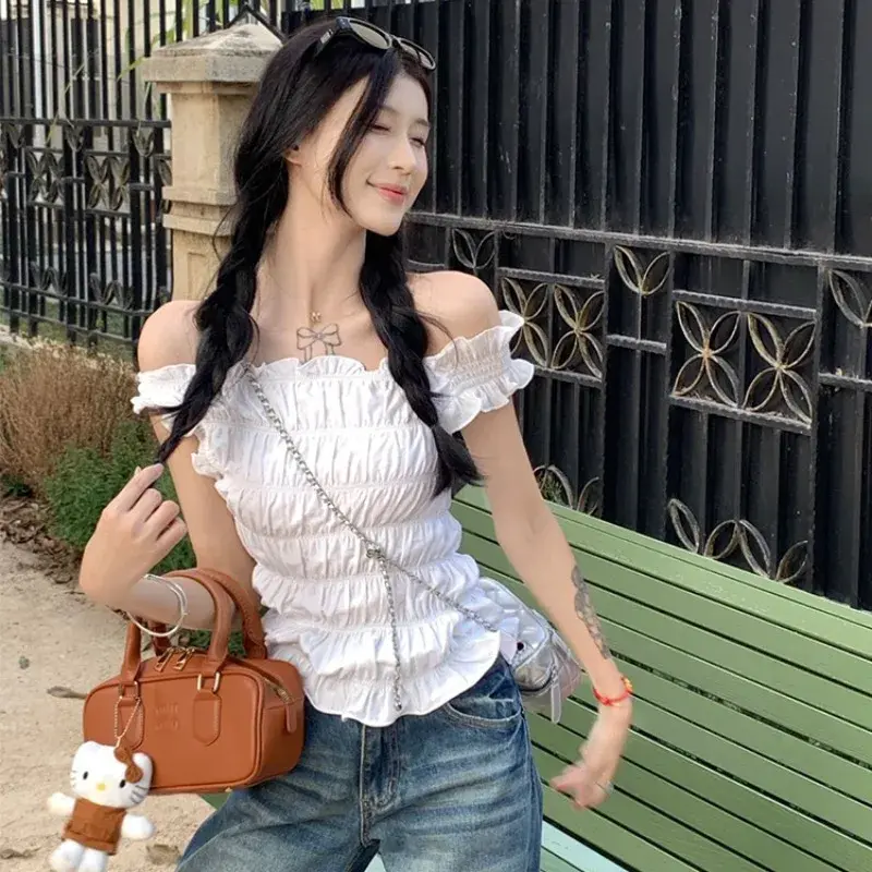 2025 Korean Chic Shoulder Bared Texture Short Sleeve T Shirt Uneven Hemline Slim Fit Regular Sleeve Length Chinese Origin