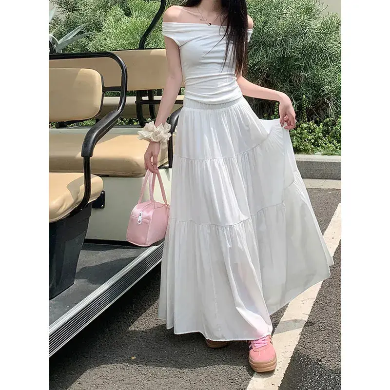 French Style White Women's Waistline Full Loose Half Skirt Summer New Arrival Slimming A- Line Shape Slim Fit For Plus Size