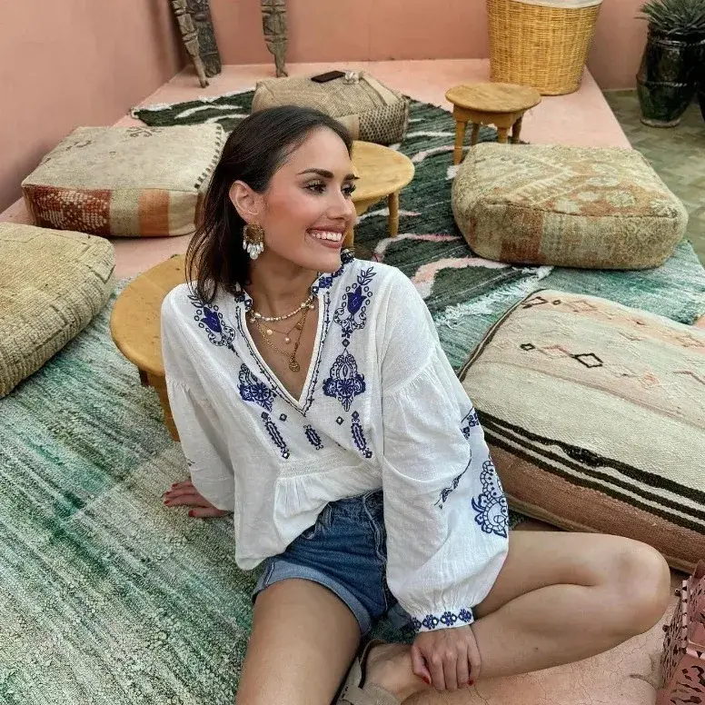 Loose V-neck Long Sleeve Embroidered Shirt Fashionable Summer New Women's Clothing Versatile Stitched Blouse Polyester Fiber