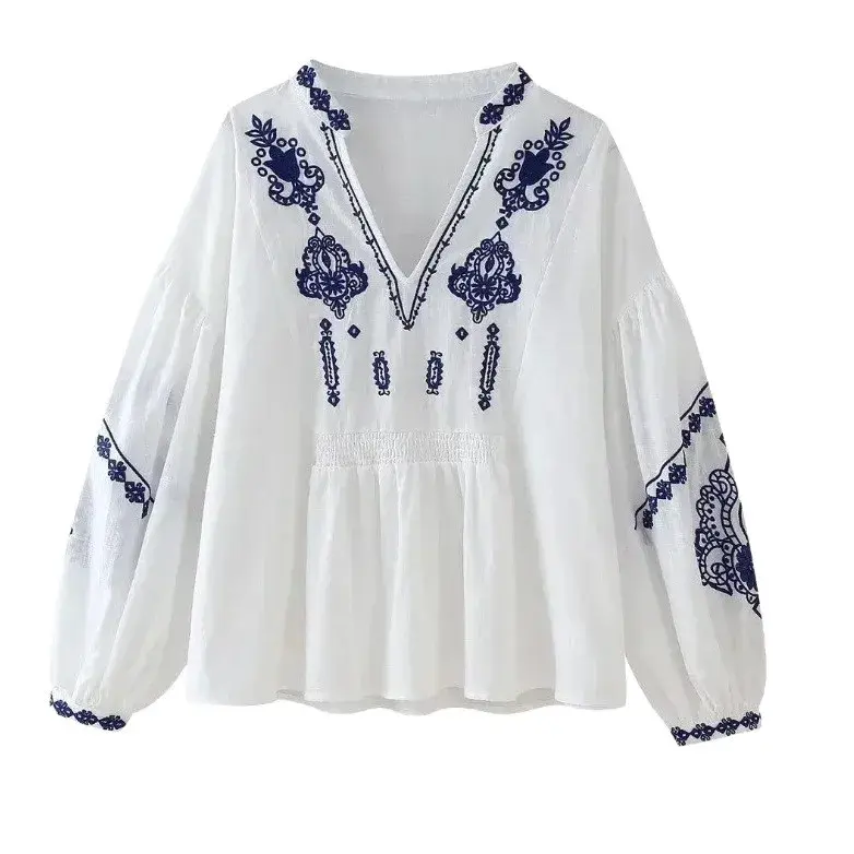 Loose V-neck Long Sleeve Embroidered Shirt Fashionable Summer New Women's Clothing Versatile Stitched Blouse Polyester Fiber