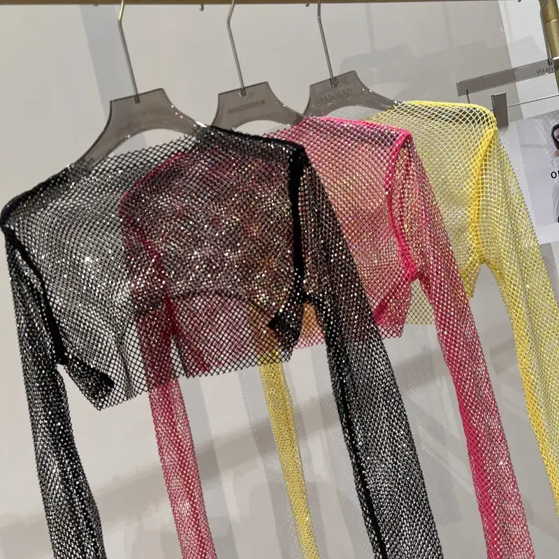 Sexy Thin Colorful Diamond Short Top Mesh Diamond Outerwear Long Sleeve Party Flashing Shirt Polyester Fiber Crew Neck