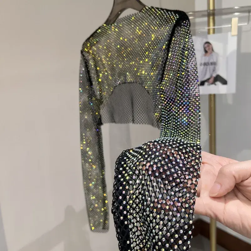 Sexy Thin Colorful Diamond Short Top Mesh Diamond Outerwear Long Sleeve Party Flashing Shirt Polyester Fiber Crew Neck