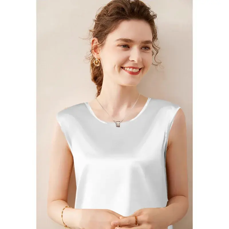 Elegant Summer Silk-Satin Face T-Shirt Women's Round Neck Sleeveless Top Loose-Fit Innervest Small Shirt from China