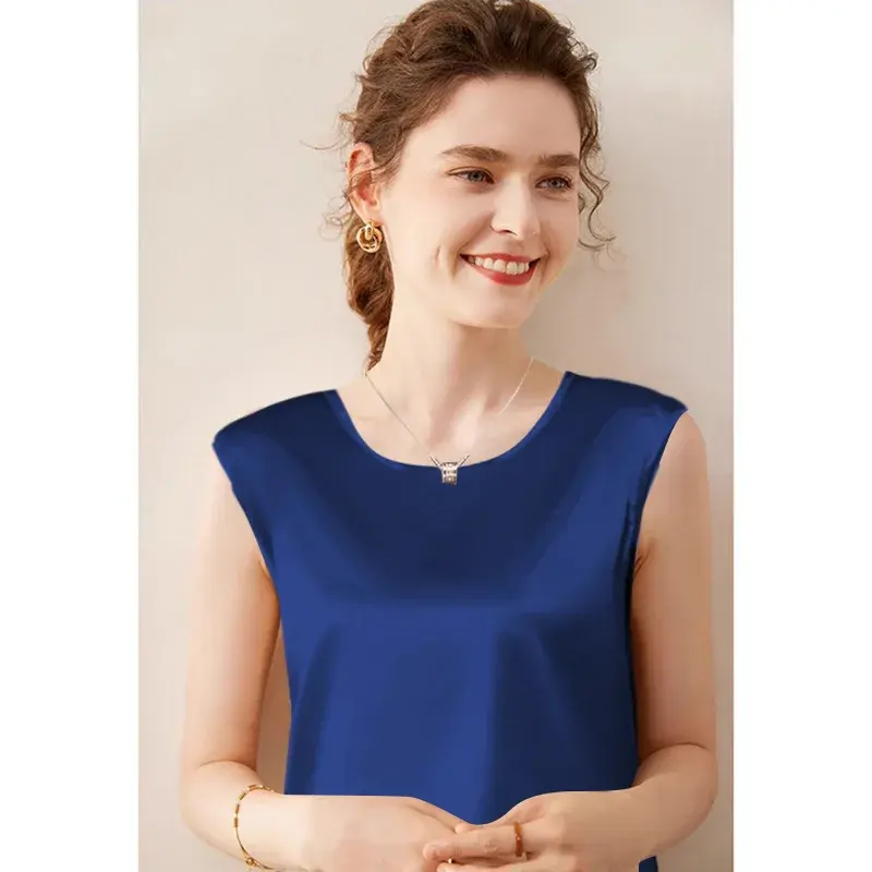 Elegant Summer Silk-Satin Face T-Shirt Women's Round Neck Sleeveless Top Loose-Fit Innervest Small Shirt from China