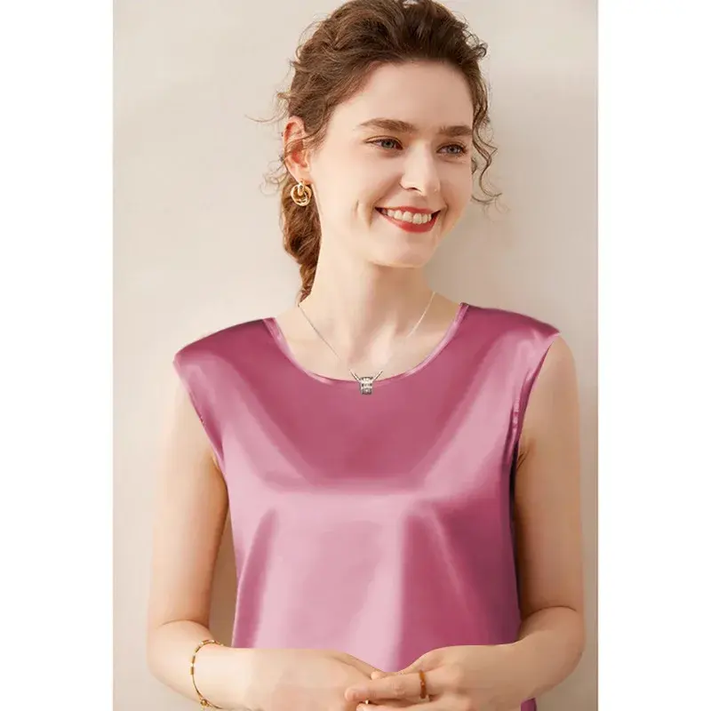 Elegant Summer Silk-Satin Face T-Shirt Women's Round Neck Sleeveless Top Loose-Fit Innervest Small Shirt from China